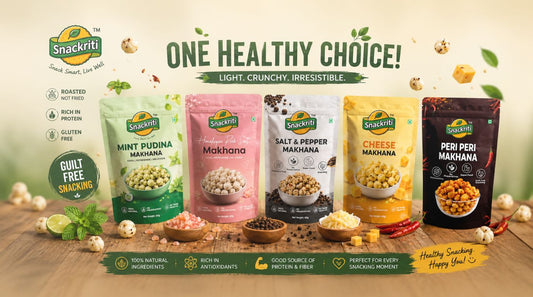 Snackriti flavored makhana lineup including Mint Pudina, Himalayan Pink Salt, Cheese, and Peri Peri flavors.
