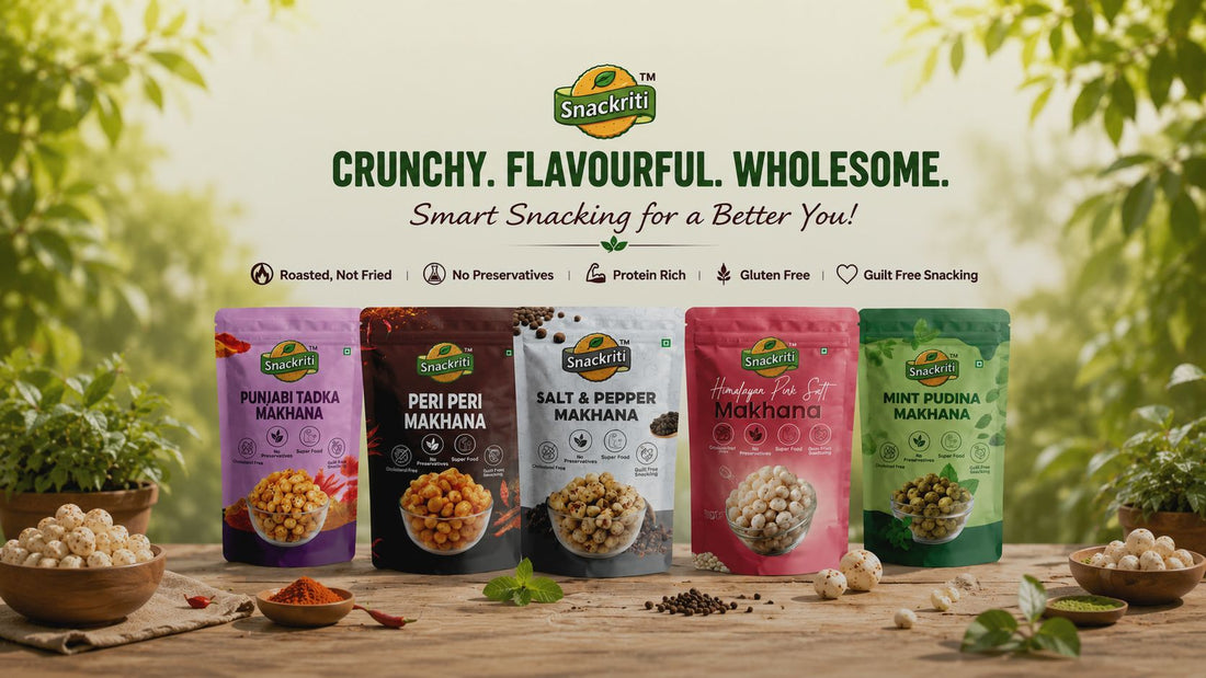 Snackriti Flavour Makhana snack pouches lined up on a wooden table with spices and raw makhana bowls.