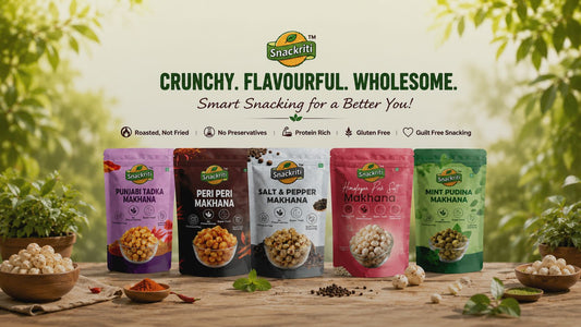 Snackriti Flavour Makhana snack pouches lined up on a wooden table with spices and raw makhana bowls.