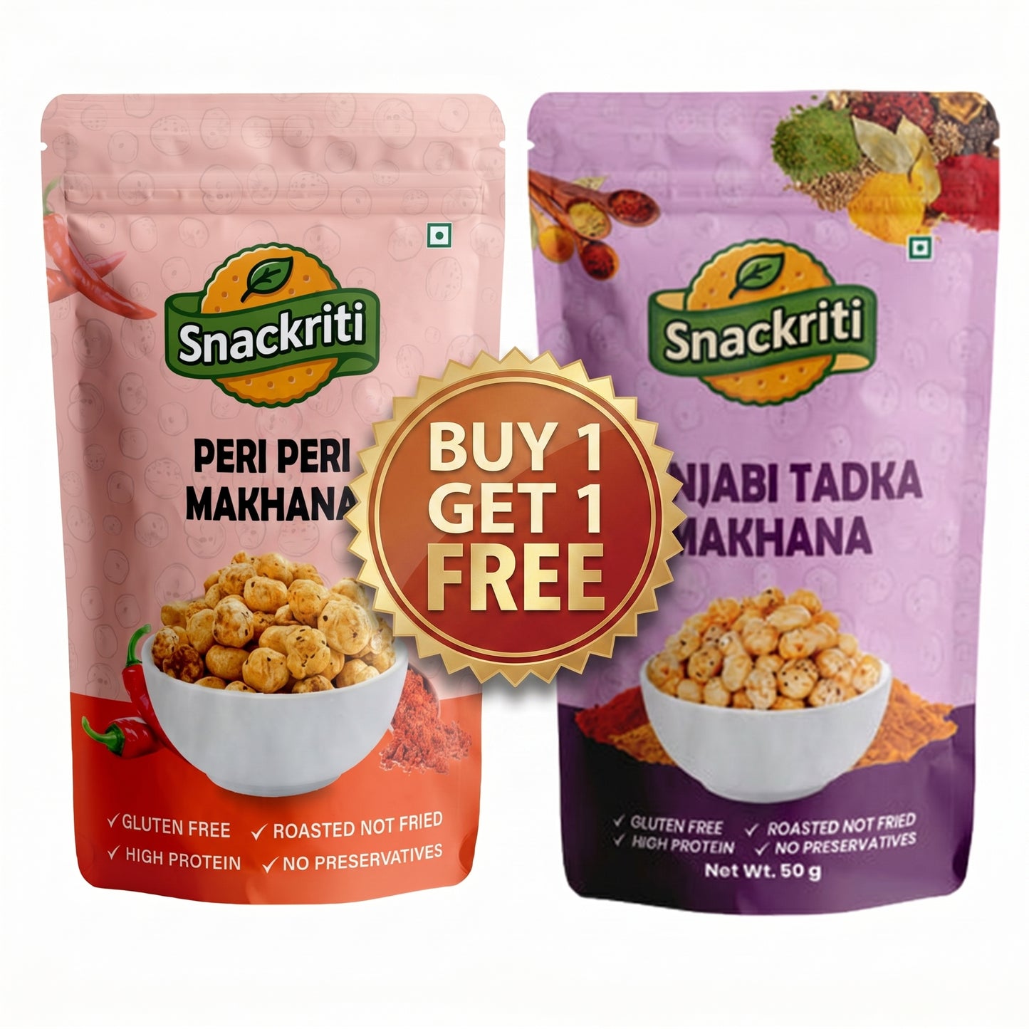 Snackriti Peri Peri & Punjabi Tadka Makhana 30g Buy 1Get 1 Free
